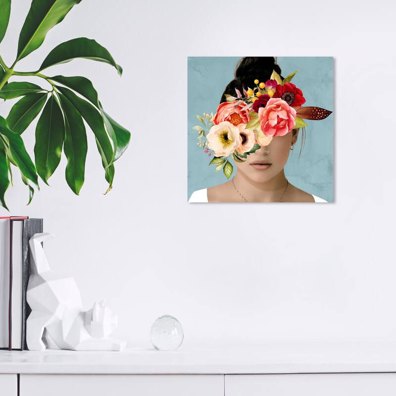 Wynwood Studio Canvas People and Portraits Hidden Beneath Florals Blue and Salmon Traditional Wall Art Canvas Print - 12 x 12