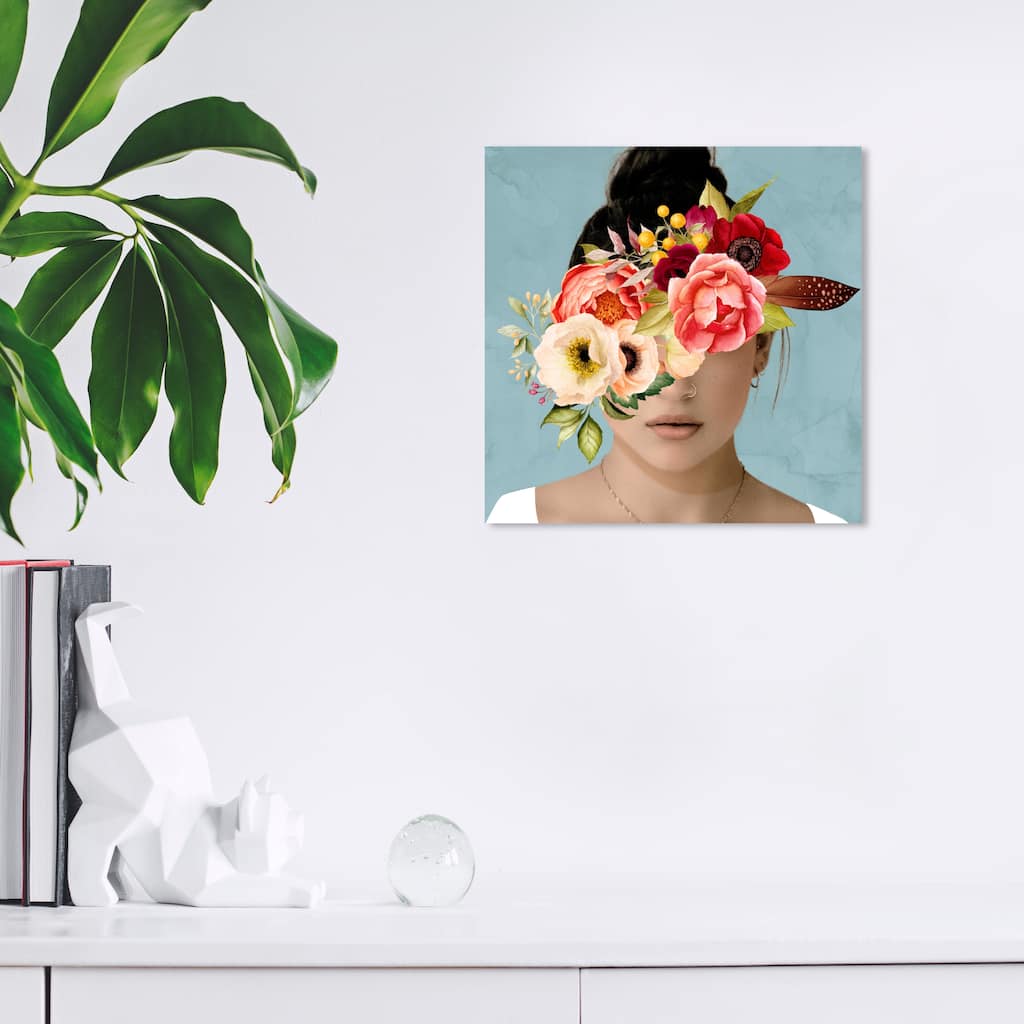 Wynwood Studio Canvas People and Portraits Hidden Beneath Florals Blue and Salmon Traditional Wall Art Canvas Print