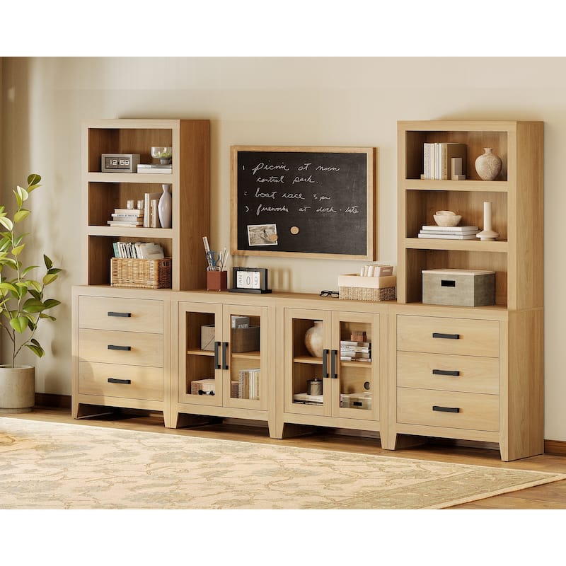 WAMPAT Farmhouse Entertainment Center with Bookshelves, Modular TV Stand with Drawers & Glass Doors - 126"W x 72.2"H x 15.4"D