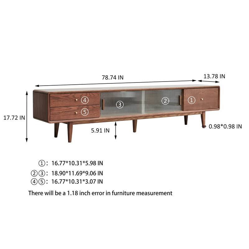 Modern TV Stand Solid Red Oak Wood TV Stand with Changhong Glass Doors, 2 Drawers and Storage Space, for Living Rooms, Walnut