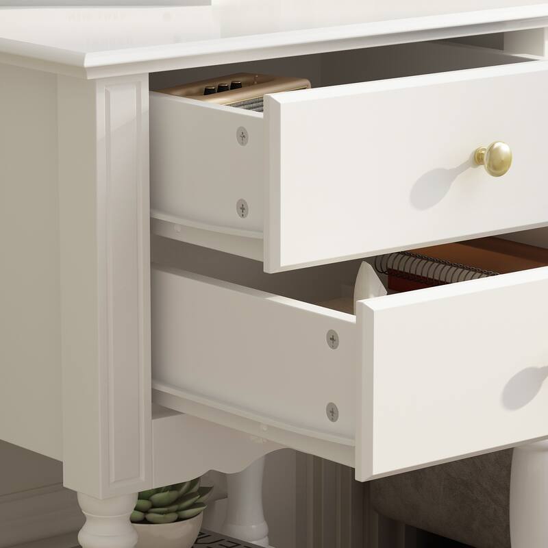Nightstand Side Tables Drawers and Open Storage Shelf White Lacquer