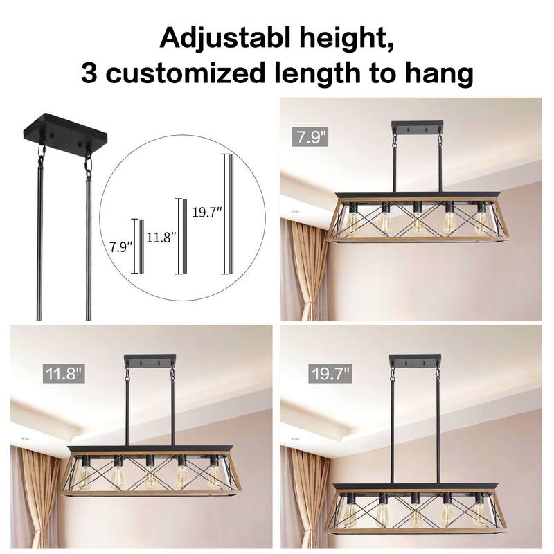 32" Walnut Industrial 5-Light Pendant Chandelier, Modern Metal Cage Design, Adjustable Hanging Light