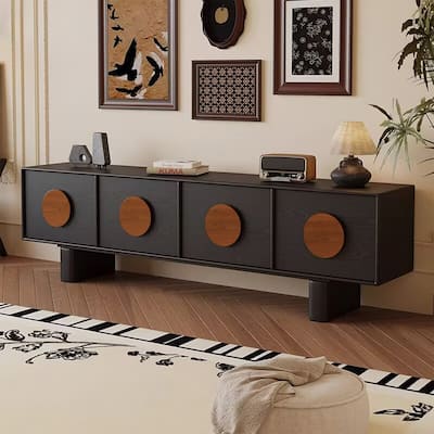 71" Mid Century Modern Black TV Stands, With Solid Wood Veneer, 4 Cabinets Media Console
