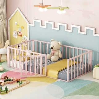 Pink Twin Size Metal Floor Bed Frame with Fence & Door