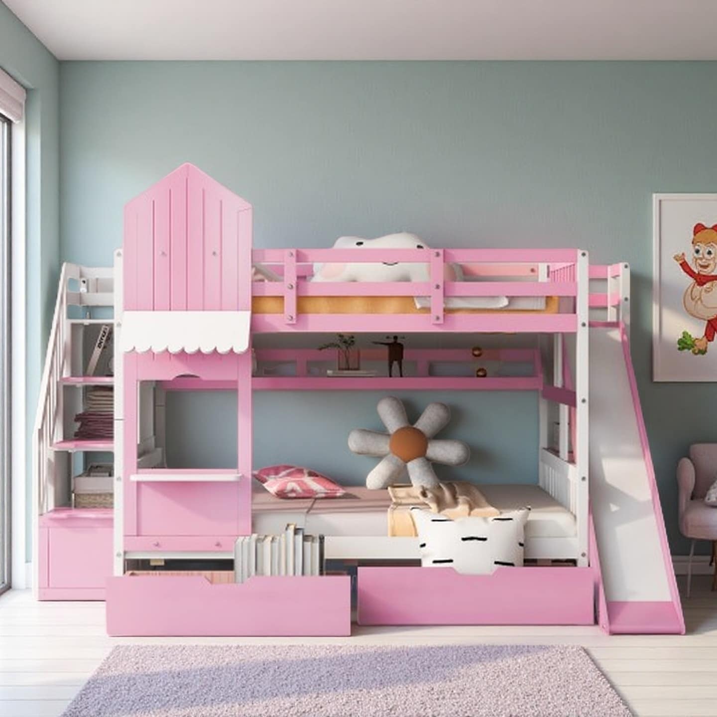 Full Size Playhouse Bunk Bed Frame with Slide, Dual Full Beds, Built-In Drawers and Display Shelves, Castle-Inspired Bunk Bed