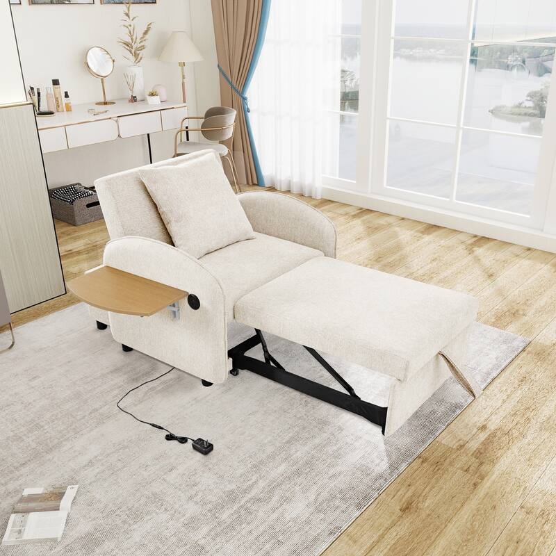 Convertible Single Chair Bed, Sofa Bed with Adjustable Backrest, & USB Port, Sleeper Sofa Daybed with Foldable Panel - Creamy White