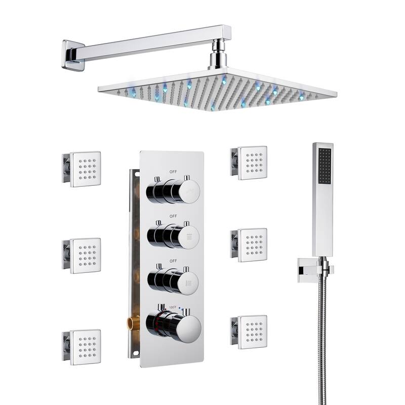 3 Functions Thermostatic LED Light Wall Mounted Shower System - Chrome