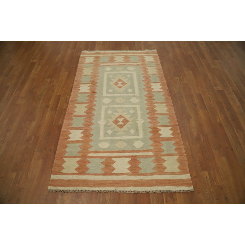 Hand Woven Oriental 100% Wool Carpet Southwestern Tribal Green Kilim Area Rug - 5' 3'' X 3' 0''