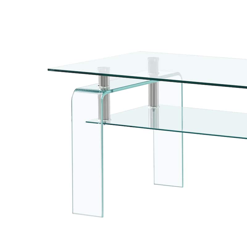 Modern Rectangular Clear Glass Coffee Table with 2-Tier Storage‌