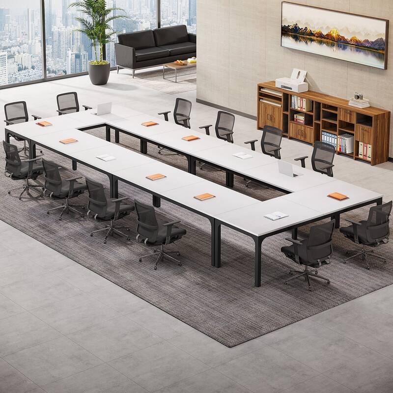 Modern Office 13FT Conference Table Set of 6, Large Rectangle Meeting Table, 78.74-Inch Long Business Seminar Table - WhiteBlackx6