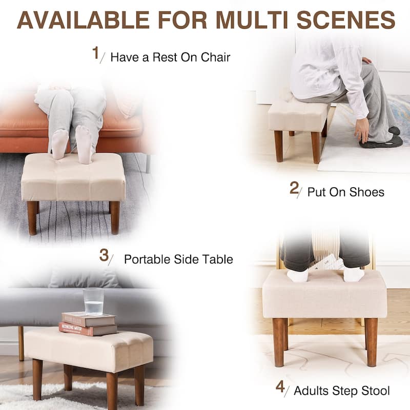 Javlergo Set of 1 or 2 Linen Ottoman Foot Rest with Wooden Legs Tufted Rectangle Upholstered Footstool for Couch Living Room