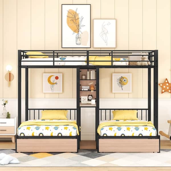 slide 2 of 15, Full over Twin & Twin Triple Bunk Bed with Drawers, Multi-functional Metal Frame Bed with Desks and Shelves in the Middle Black