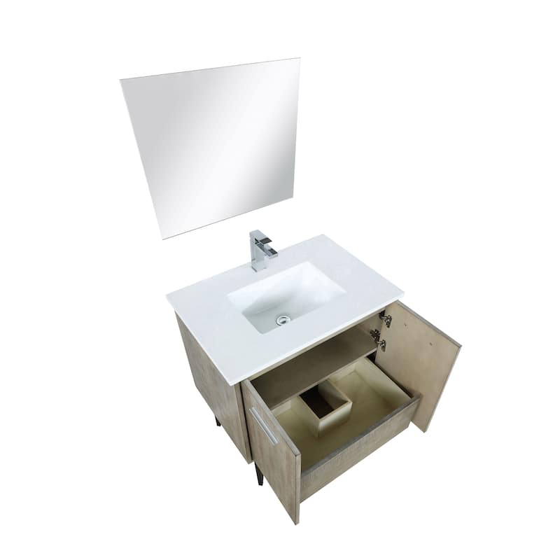 Lancy 30 in W x 20 in D Rustic Acacia Bath Vanity, White Quartz Top, Chrome Faucet Set and 28 in Mirror