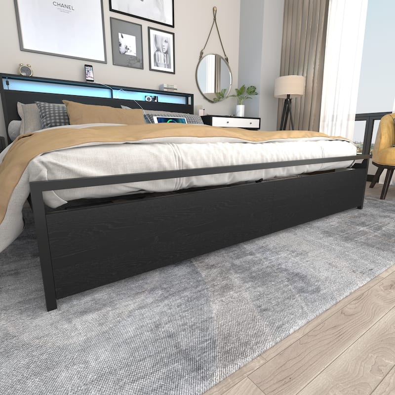 King Platform Bed Frame with LED Lights and Charging Station, 2-Tier Storage Headboard and Footboard Drawers, Noise-Free, Black