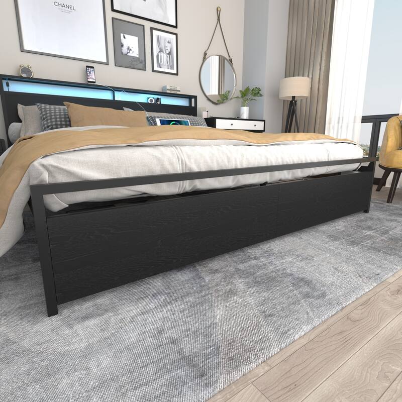 King Size Heavy Duty Metal Platform Bed with 2 Drawers, Smart LED Bed Frame, Storage Headboard with Charging Station