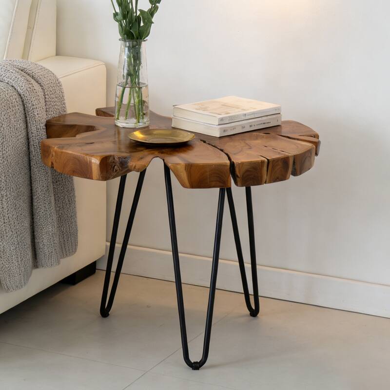 Handcrafted Live Edge Teak Wood Irregular End Table With Iron Legs - Natural