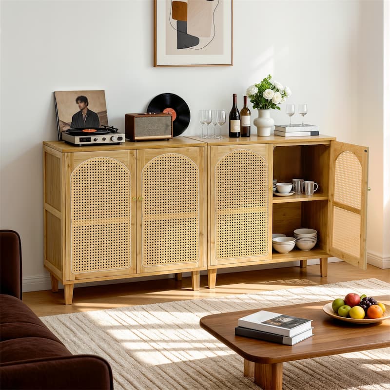 Kitchen Pantry Cabinet Bamboo Sideboard Buffet Cabinet with 2-tier Storage Rattan Door - 29.53"x15.35"x32.28"