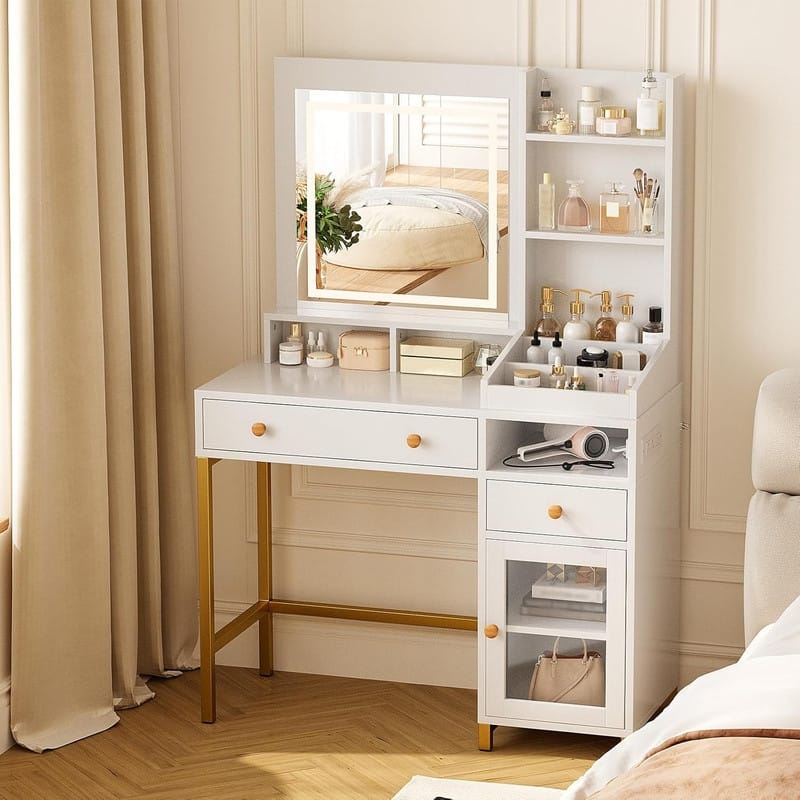 Makeup Vanity Desk with Adjustable LED Mirror, 2 Drawers, Shelves & Charging Station - White