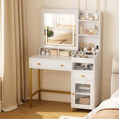 Makeup Vanity Desk with Adjustable LED Mirror, 2 Drawers, Shelves & Charging Station