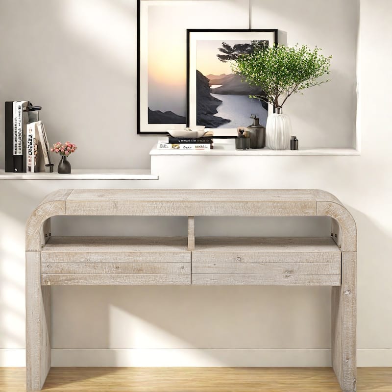 52" MDF Console Table with Fireplace Design and Wood Veneer for Living Room - Natural Wood Wash