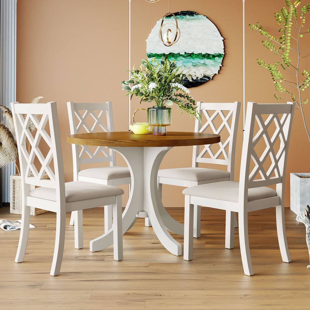 5 Piece Solid Wood Dining Table and Chair Set, Round Kitchen Room Table Set, 4 Dining Chairs with Upholstered Seats