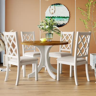 Mid-Century 5-Piece Round Dining Table Set, Solid Wood Kitchen Table Set with Upholstered Chairs for Dining Room, Kitchen
