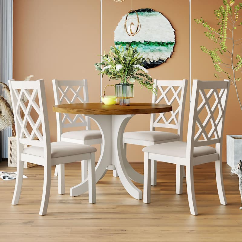Mid-Century Solid Wood 5-Piece Round Dining Table Set, Kitchen Table Set with Upholstered Chairs for Small Places - Walnut