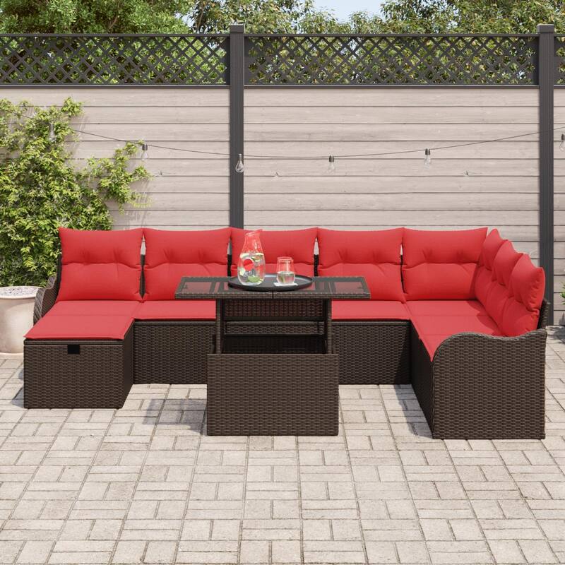 vidaXL 9 Garden Sofa Set with Cushions Black/Brown/Grey Poly Rattan - 113.2 x 73 x 27.2