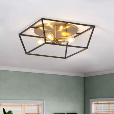 Retro Industrial Black and Gold 4-Light Metal Flush Mount Ceiling Light Fixture