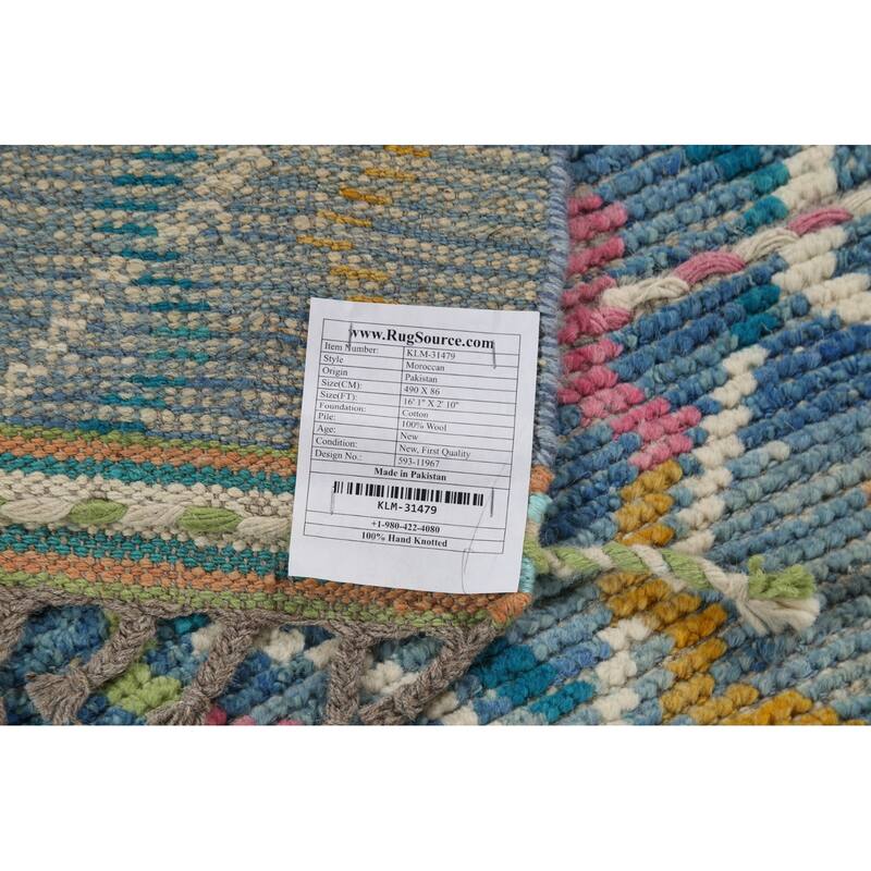 Contemporary Blue Moroccan Runner Rug Hand-Knotted Wool Carpet - 2'10"x 16'1"