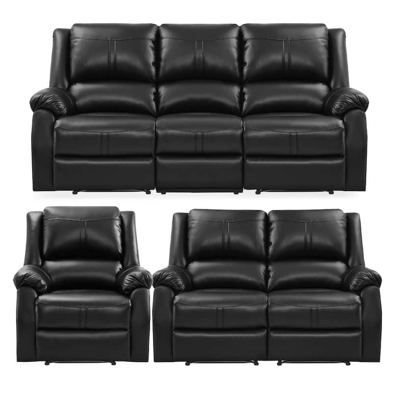 Manual 3-Piece Recliner Sofa Set, Modern Faux Leather Recliner Sofa, 3 Piece Couch Sets For Living Room