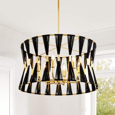 6-Light 23.6" Farmhouse Boho Hand-Woven Ivory Rope Tapered Fabric Drum Chandelier