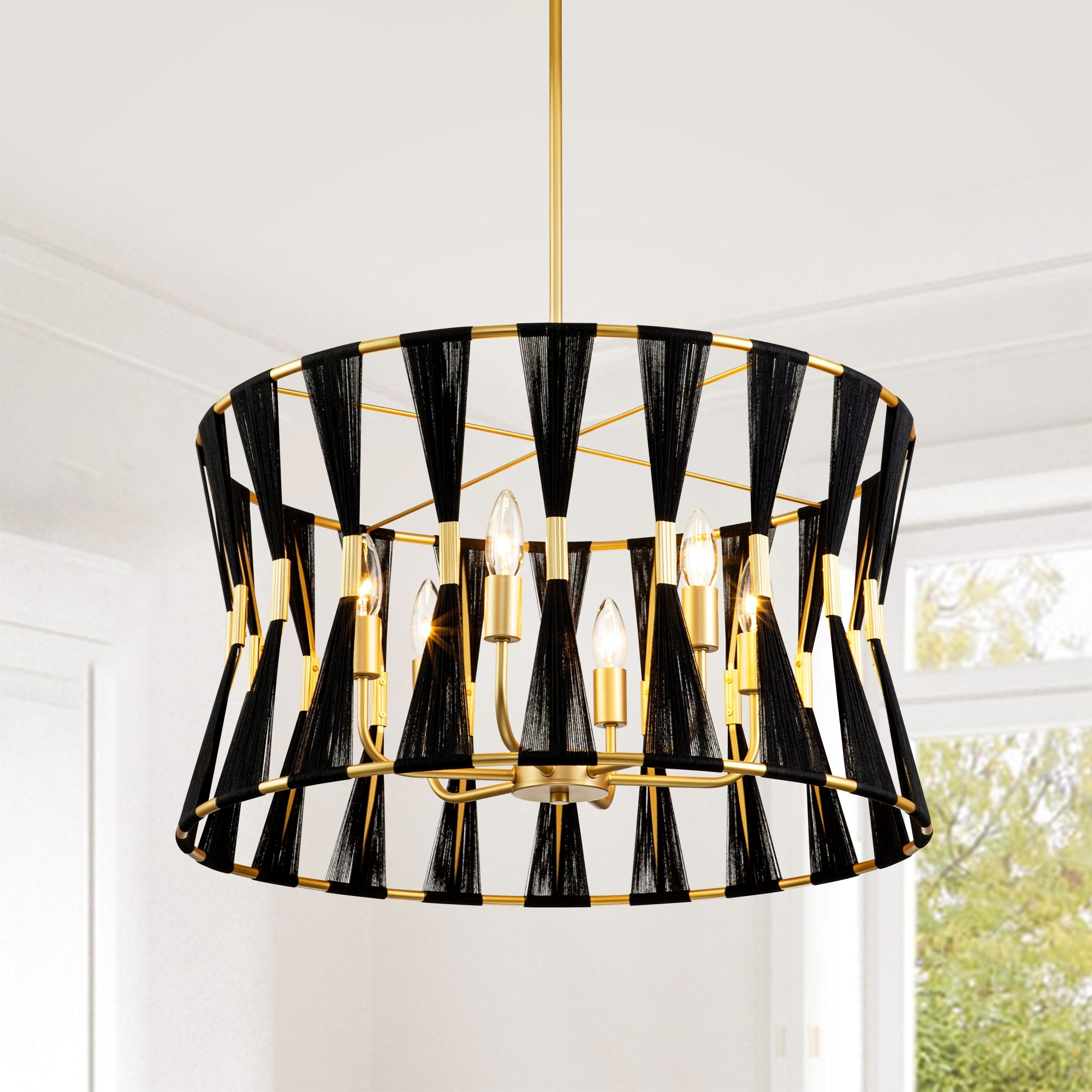 Rennnsan 6-Light 23.6" Farmhouse Boho Hand-Woven Ivory Rope Tapered Fabric Drum Chandelier