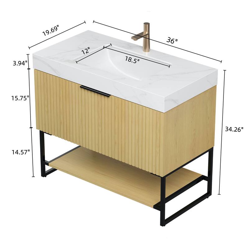 GDFStudio - Yolan 36" Freestanding Bathroom Vanity with Drawer & Open Shelf, Corolla Oak Finish & Ceramic Basin
