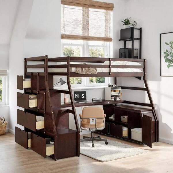 slide 2 of 11, Full Size Playhouse Loft Bed with 7 Drawers 2 Shelves and Desk, Espresso
