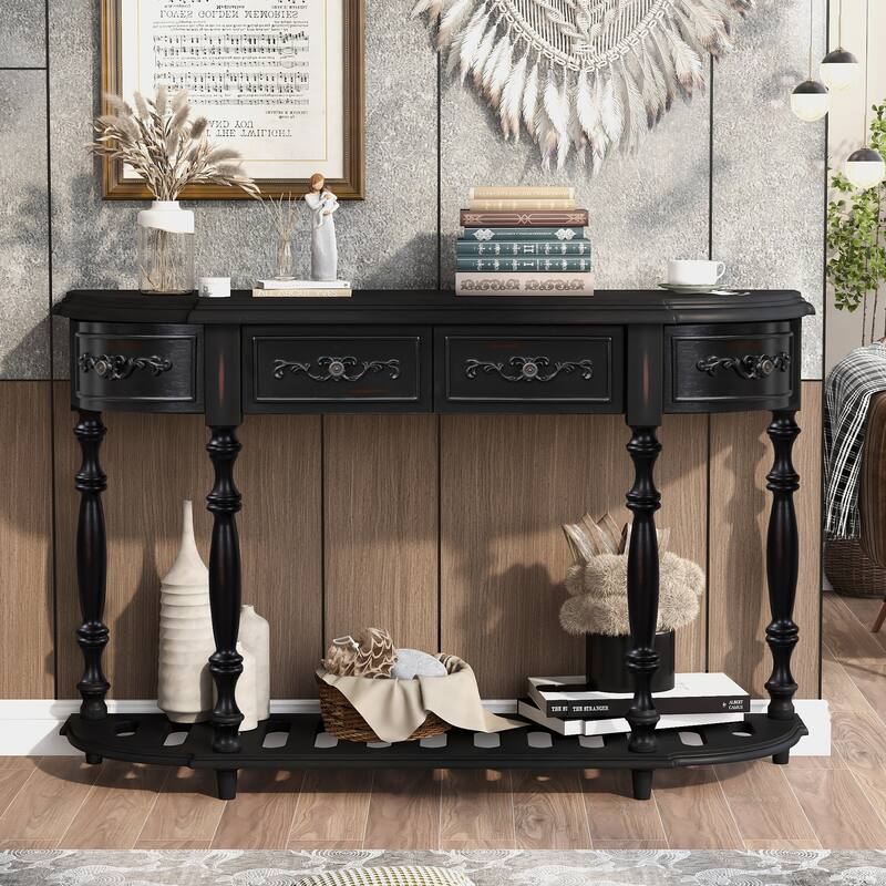 52'Curved Console Table Sofa Table Entryway Table for Hallway Living Room with 4 Drawers and 1 Shelf - Black
