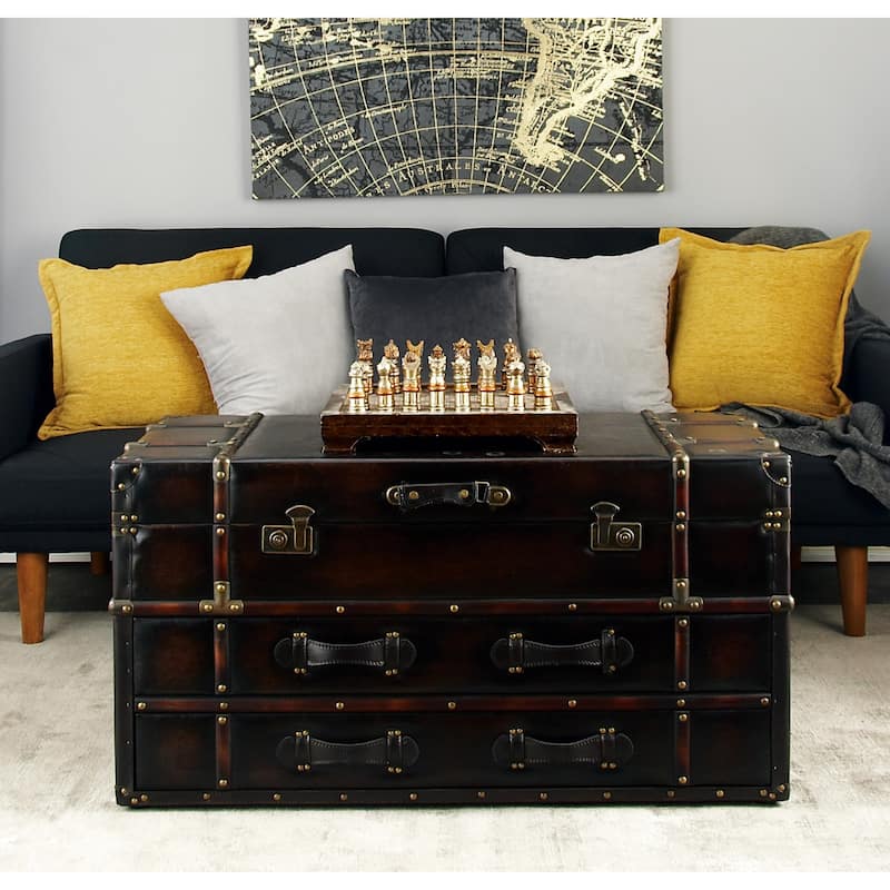 Linen Fabric Upholstered Trunk 2 Drawer Coffee Table with Buckle Hinged Top - Dark Blue or Brown - Roche River Decor