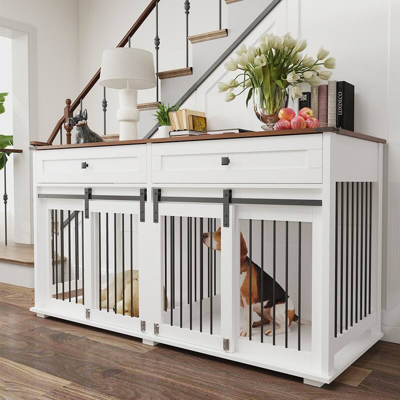 63''L Dog Crate Furniture for 2 Dogs, Large Double Dog Kennel Furniture TV Stand, Furniture Style Dog Crate End Table