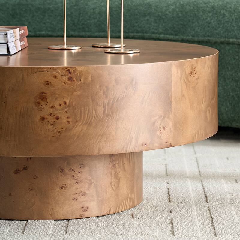 31.49" Round Coffee Table with Burl Wood Veneer, Sturdy Pedestal for Living Room, Modern Low Center Table Accent Cocktail Table
