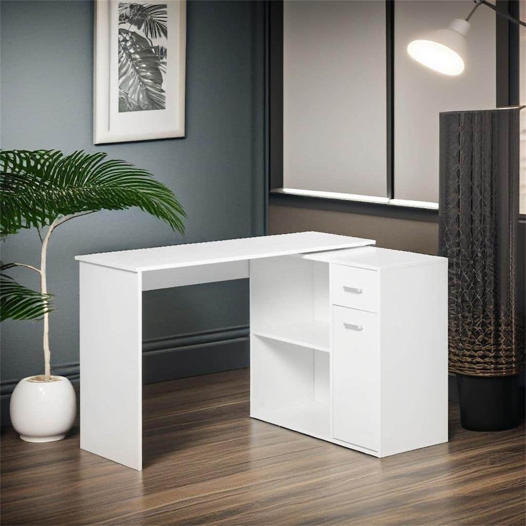 180° Rotating Corner Desk with Storage Shelves