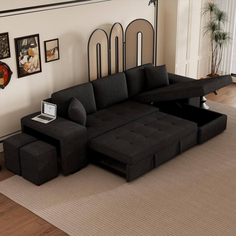 104.5" L-Shape 3 Seat Reversible Sectional Couch with Storage Chaise and 2 Stools, Modern Pull Out Sleeper Sofa with Pillow - Charcoal Grey