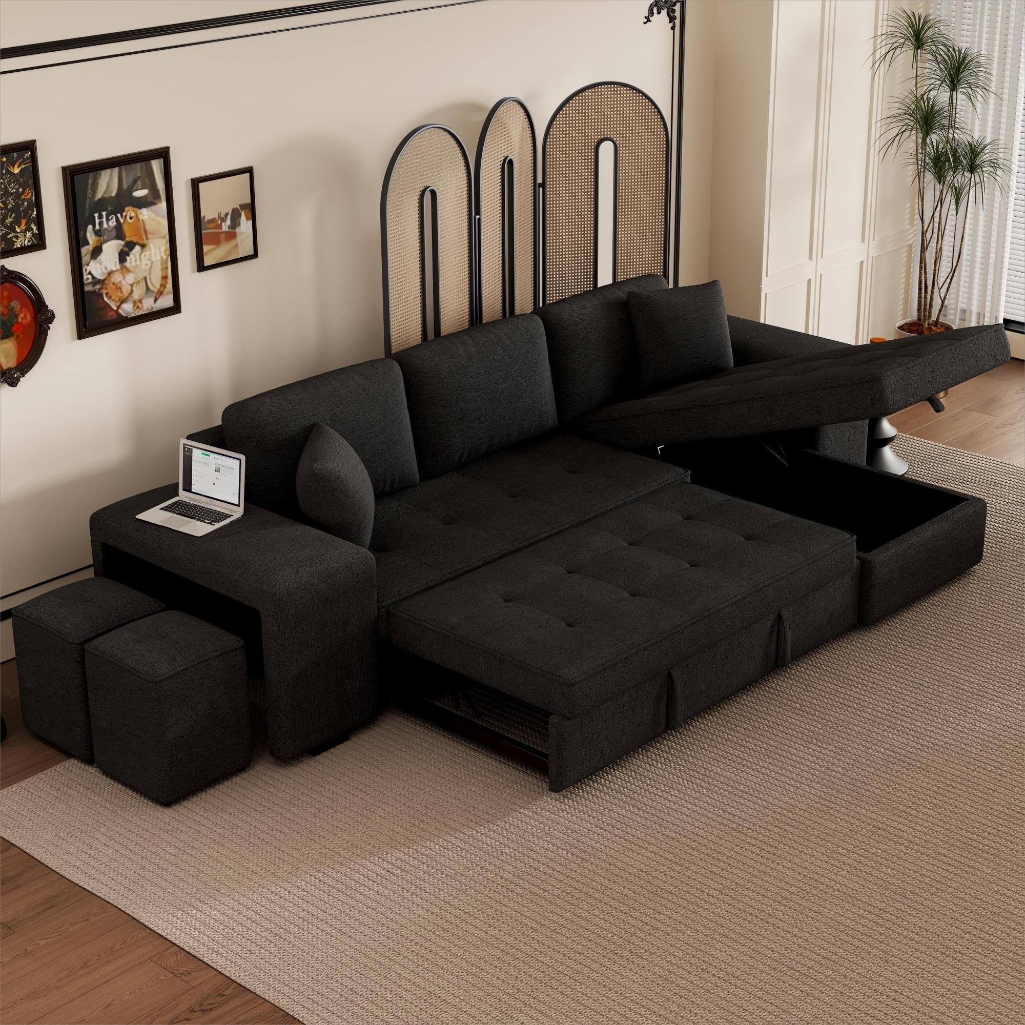 Charcoal Grey L Shape Sectional Sleeper Sofa Sets w Chaise 2 Stools