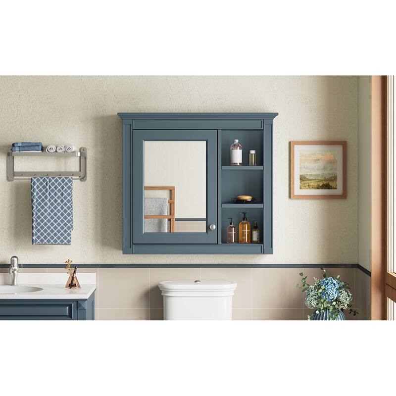 Roomfitters 30x28 Inch Medicine Cabinet, Wall Mounted Mirror Cabinet with 3 Open Shelves & Adjustable Interior Storage, Blue