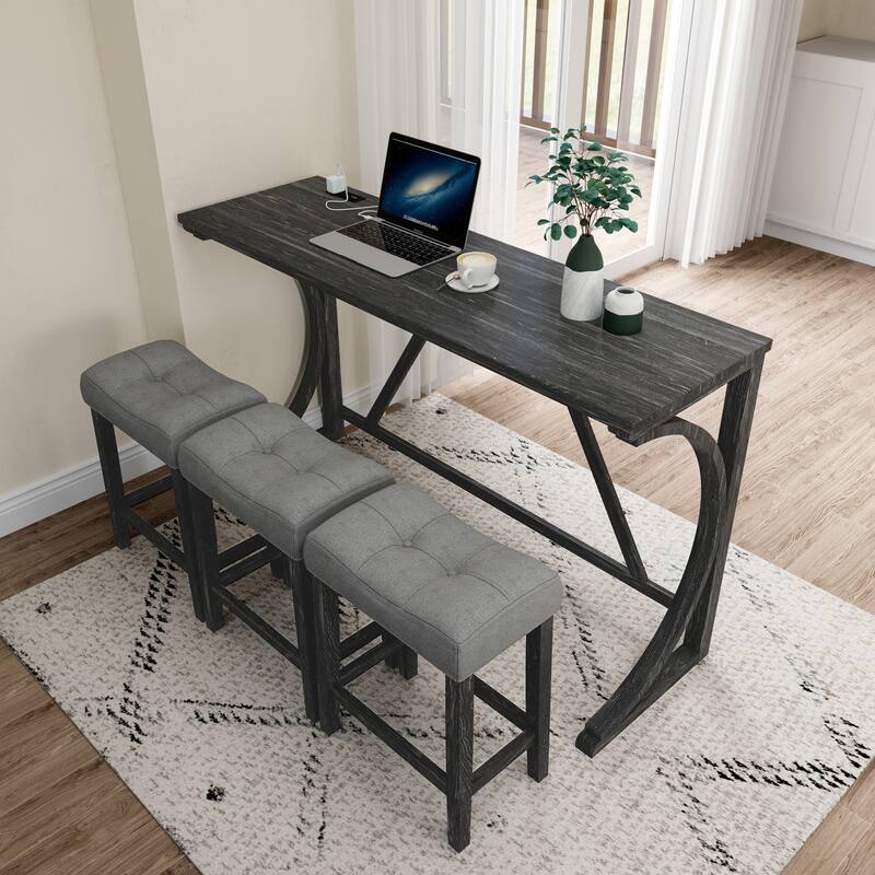 Bar Table Set with Power Outlet, Bar Table and Chairs Set, 4 Piece Dining Table Set, Industrial Breakfast Table Set