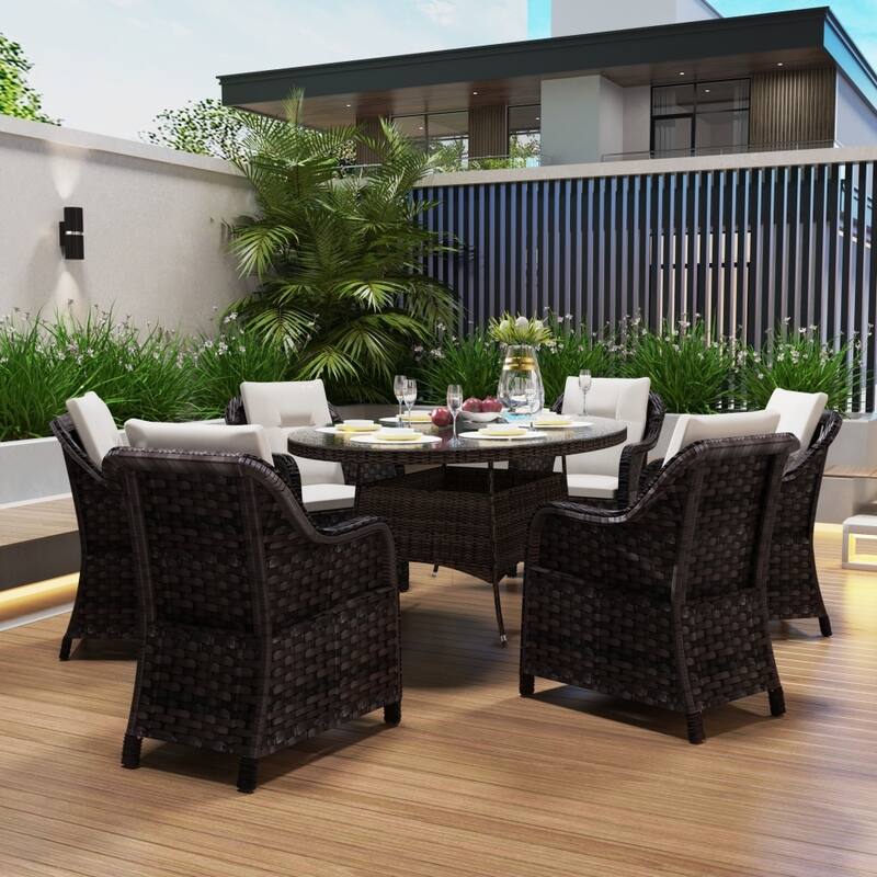 Outdoor Patio Garden Dining Set with Oval Table and 6 Wicker Chairs