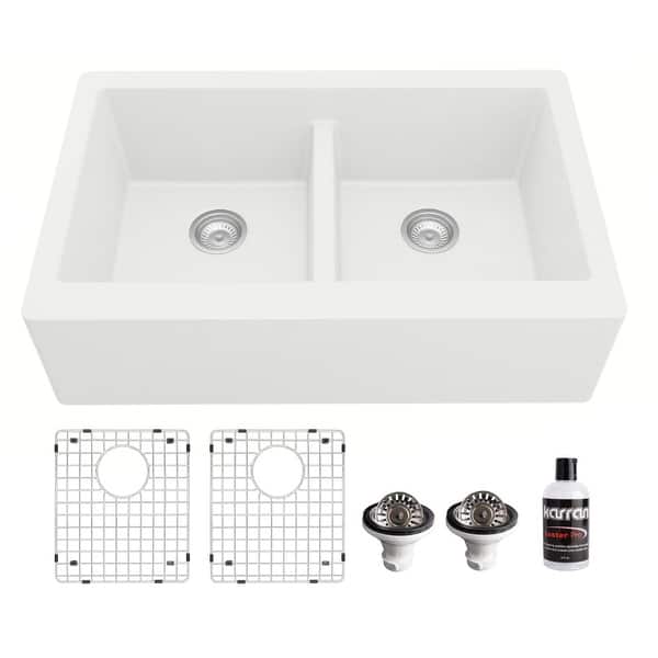 slide 2 of 63, Karran Farmhouse Apron Front Quartz Double Bowl Kitchen Sink Kit White