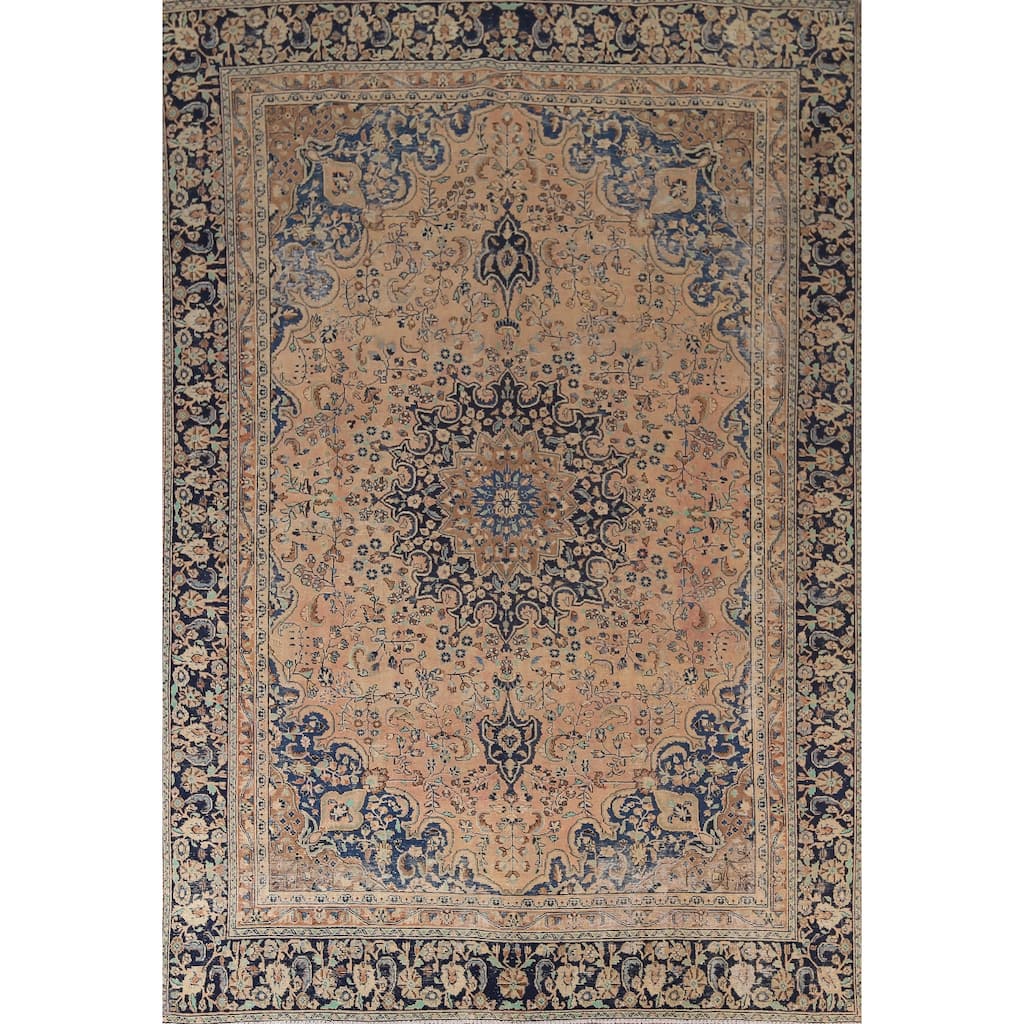 Floral Mashad Persian Vintage Rug Hand-Knotted Wool Carpet - 8'8"x 12'1"