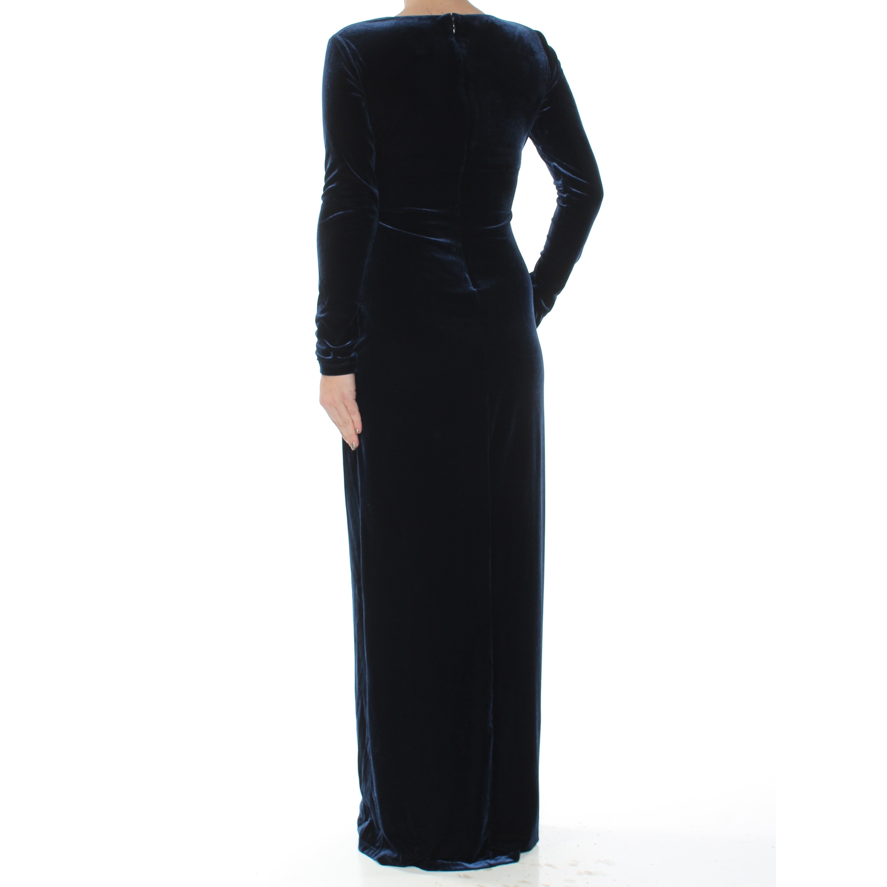 Shop Ralph Lauren Womens Navy Pleated Velvet Gown Long Sleeve
