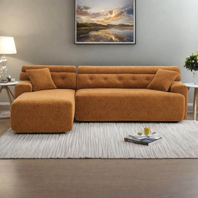 105" Wood Grain Chenille 3-Seater Sectional Sofa with Chaise Lounge and 2 Pillows - Orange