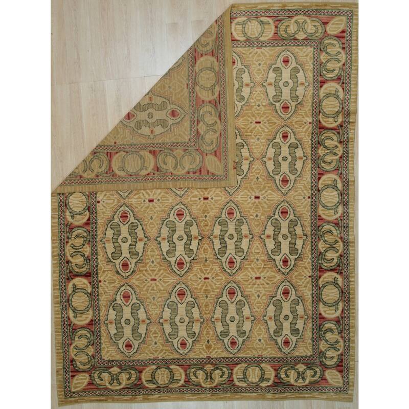 Beige Handwoven Wool Transitional Rug 8' x 10'1 - Hand Knotted Spun Wool Surged Edge Elegant Design - N/A